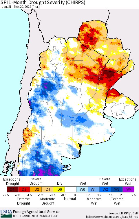 Southern South America SPI 1-Month Drought Severity (CHIRPS) Thematic Map For 1/21/2022 - 2/20/2022