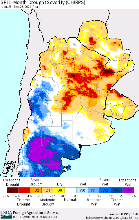 Southern South America SPI 1-Month Drought Severity (CHIRPS) Thematic Map For 1/26/2022 - 2/25/2022