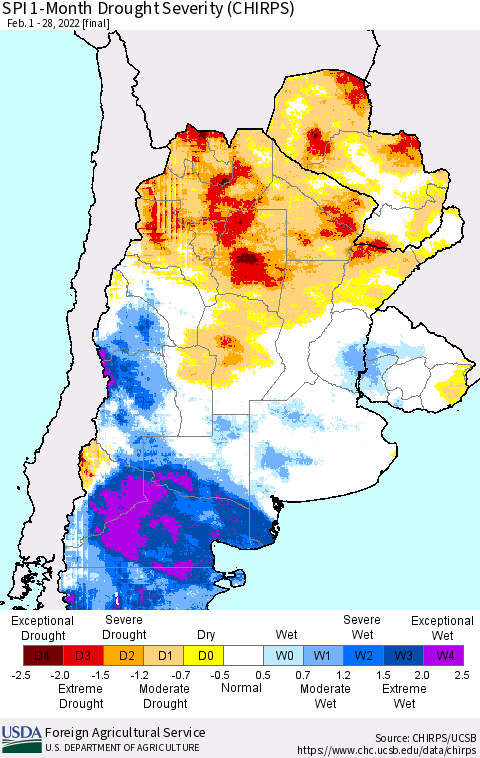 Southern South America SPI 1-Month Drought Severity (CHIRPS) Thematic Map For 2/1/2022 - 2/28/2022
