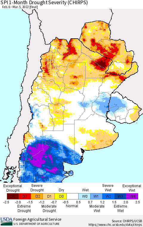 Southern South America SPI 1-Month Drought Severity (CHIRPS) Thematic Map For 2/6/2022 - 3/5/2022