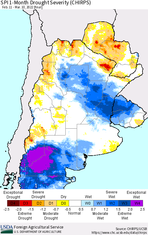 Southern South America SPI 1-Month Drought Severity (CHIRPS) Thematic Map For 2/11/2022 - 3/10/2022