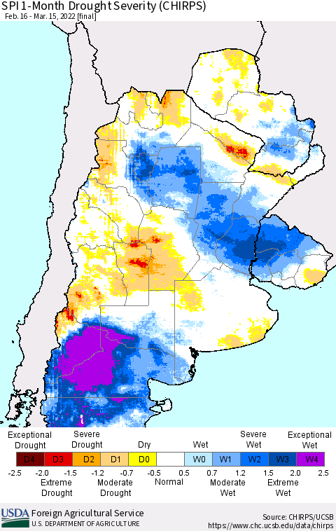 Southern South America SPI 1-Month Drought Severity (CHIRPS) Thematic Map For 2/16/2022 - 3/15/2022