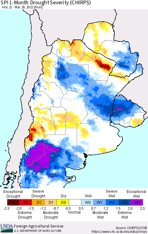 Southern South America SPI 1-Month Drought Severity (CHIRPS) Thematic Map For 2/21/2022 - 3/20/2022