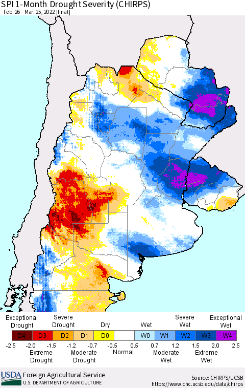 Southern South America SPI 1-Month Drought Severity (CHIRPS) Thematic Map For 2/26/2022 - 3/25/2022