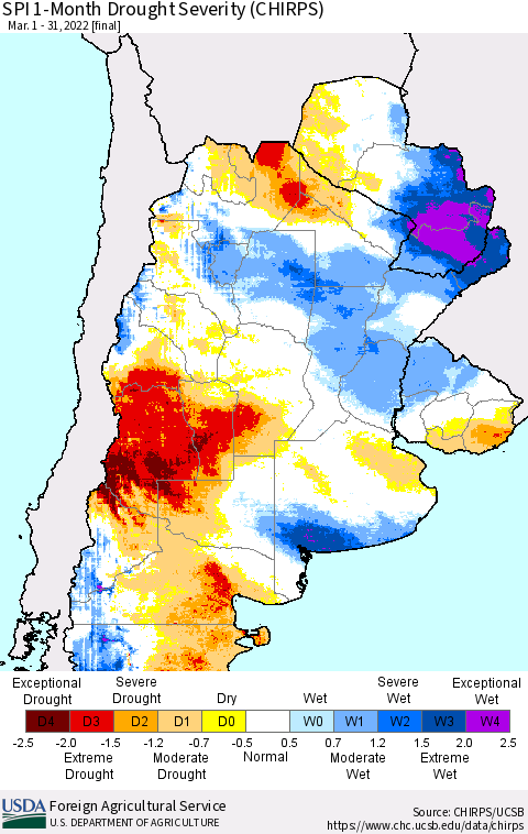 Southern South America SPI 1-Month Drought Severity (CHIRPS) Thematic Map For 3/1/2022 - 3/31/2022