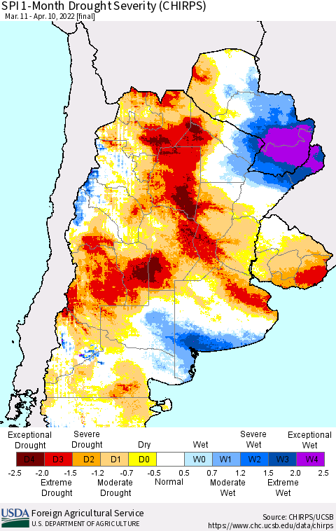 Southern South America SPI 1-Month Drought Severity (CHIRPS) Thematic Map For 3/11/2022 - 4/10/2022