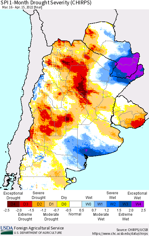 Southern South America SPI 1-Month Drought Severity (CHIRPS) Thematic Map For 3/16/2022 - 4/15/2022