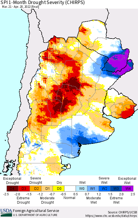Southern South America SPI 1-Month Drought Severity (CHIRPS) Thematic Map For 3/21/2022 - 4/20/2022