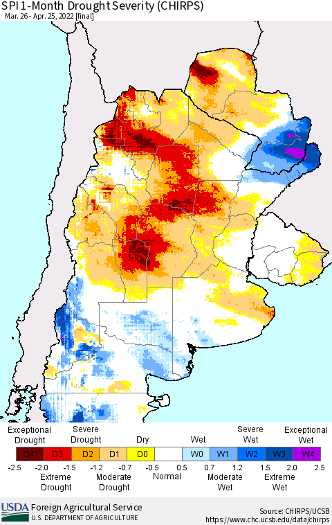 Southern South America SPI 1-Month Drought Severity (CHIRPS) Thematic Map For 3/26/2022 - 4/25/2022