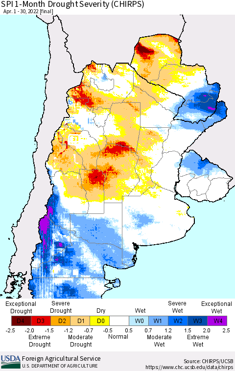 Southern South America SPI 1-Month Drought Severity (CHIRPS) Thematic Map For 4/1/2022 - 4/30/2022