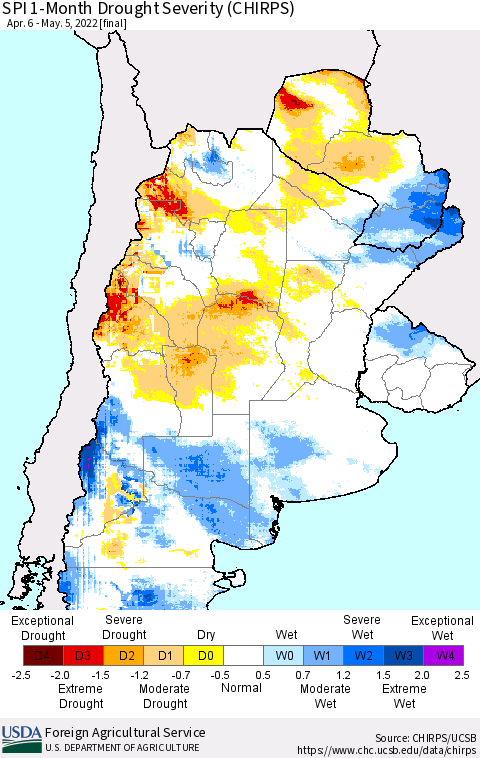 Southern South America SPI 1-Month Drought Severity (CHIRPS) Thematic Map For 4/6/2022 - 5/5/2022