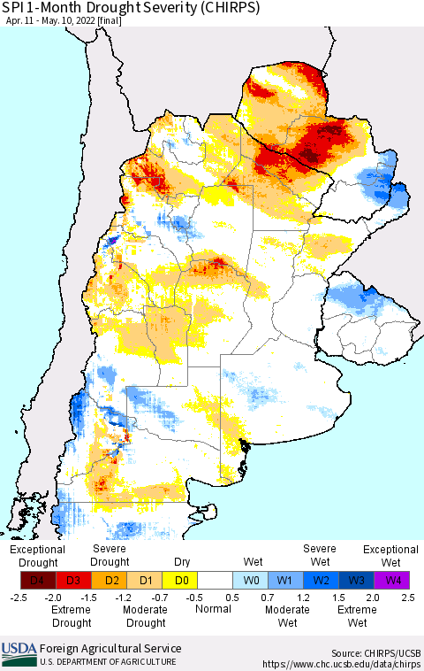 Southern South America SPI 1-Month Drought Severity (CHIRPS) Thematic Map For 4/11/2022 - 5/10/2022