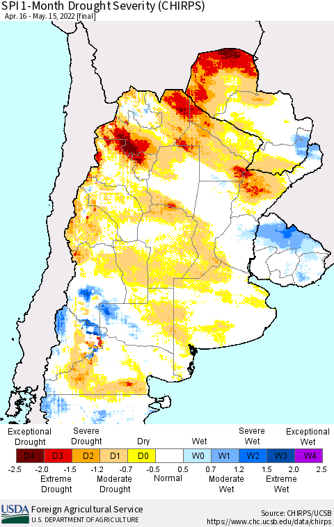 Southern South America SPI 1-Month Drought Severity (CHIRPS) Thematic Map For 4/16/2022 - 5/15/2022