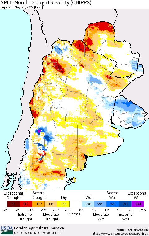 Southern South America SPI 1-Month Drought Severity (CHIRPS) Thematic Map For 4/21/2022 - 5/20/2022