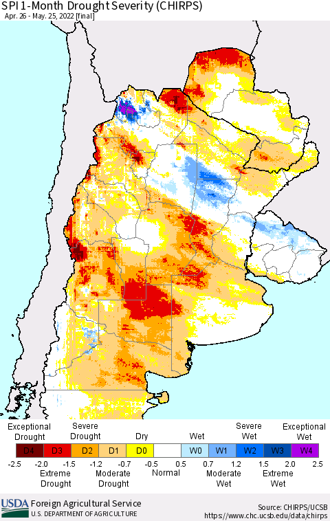 Southern South America SPI 1-Month Drought Severity (CHIRPS) Thematic Map For 4/26/2022 - 5/25/2022