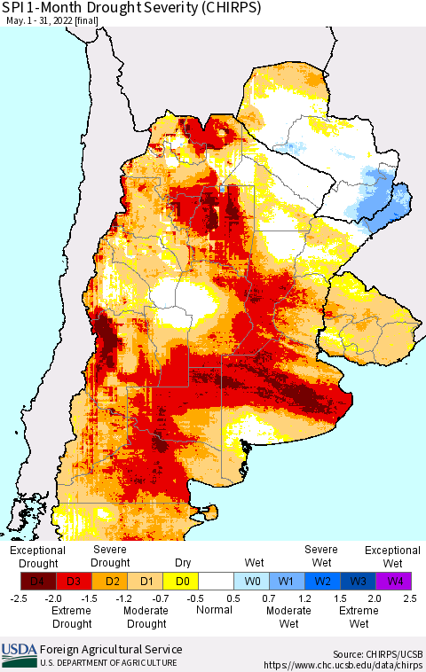 Southern South America SPI 1-Month Drought Severity (CHIRPS) Thematic Map For 5/1/2022 - 5/31/2022