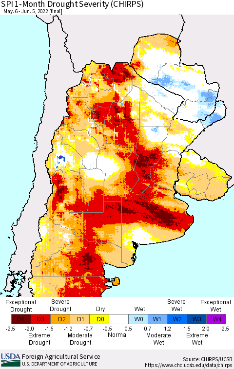 Southern South America SPI 1-Month Drought Severity (CHIRPS) Thematic Map For 5/6/2022 - 6/5/2022