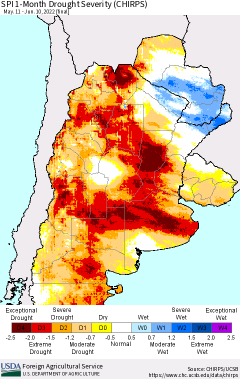 Southern South America SPI 1-Month Drought Severity (CHIRPS) Thematic Map For 5/11/2022 - 6/10/2022