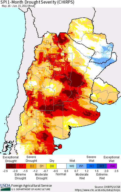 Southern South America SPI 1-Month Drought Severity (CHIRPS) Thematic Map For 5/16/2022 - 6/15/2022
