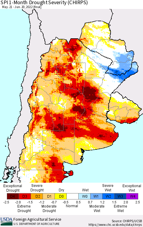 Southern South America SPI 1-Month Drought Severity (CHIRPS) Thematic Map For 5/21/2022 - 6/20/2022