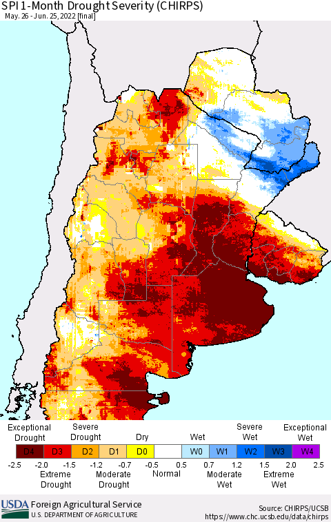 Southern South America SPI 1-Month Drought Severity (CHIRPS) Thematic Map For 5/26/2022 - 6/25/2022