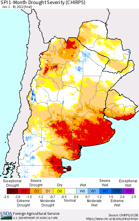 Southern South America SPI 1-Month Drought Severity (CHIRPS) Thematic Map For 6/1/2022 - 6/30/2022