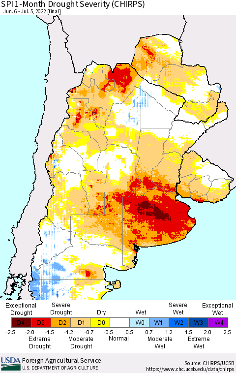 Southern South America SPI 1-Month Drought Severity (CHIRPS) Thematic Map For 6/6/2022 - 7/5/2022