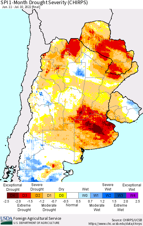 Southern South America SPI 1-Month Drought Severity (CHIRPS) Thematic Map For 6/11/2022 - 7/10/2022