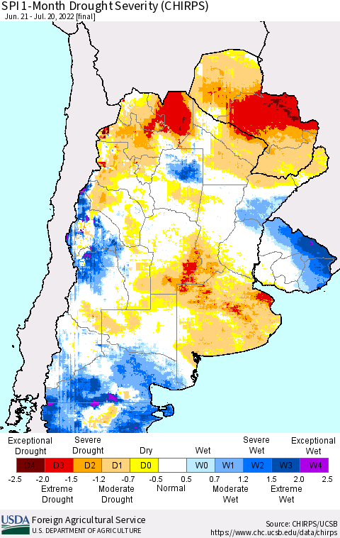 Southern South America SPI 1-Month Drought Severity (CHIRPS) Thematic Map For 6/21/2022 - 7/20/2022