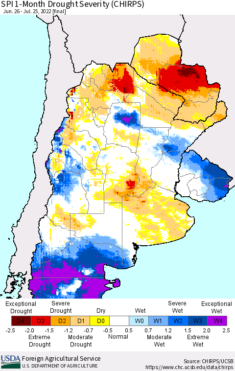 Southern South America SPI 1-Month Drought Severity (CHIRPS) Thematic Map For 6/26/2022 - 7/25/2022