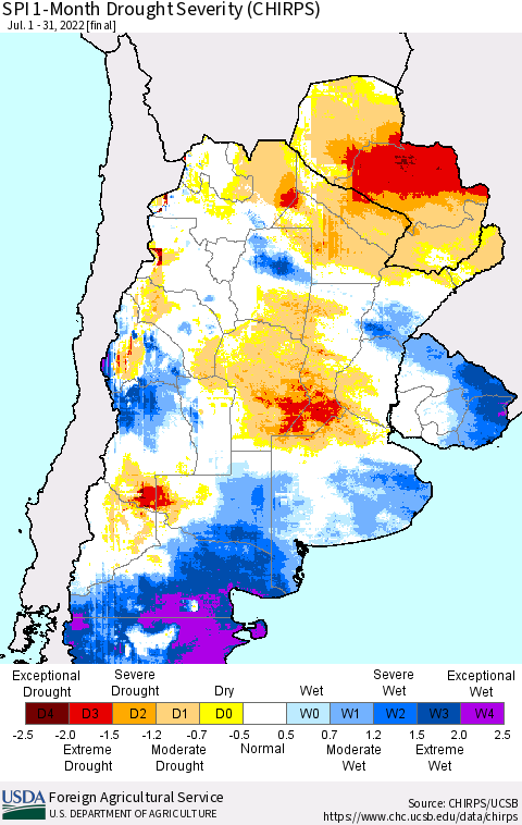 Southern South America SPI 1-Month Drought Severity (CHIRPS) Thematic Map For 7/1/2022 - 7/31/2022