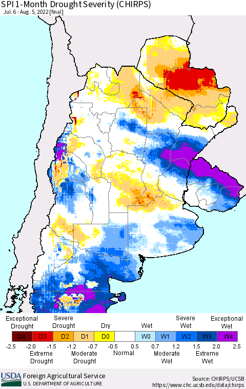 Southern South America SPI 1-Month Drought Severity (CHIRPS) Thematic Map For 7/6/2022 - 8/5/2022