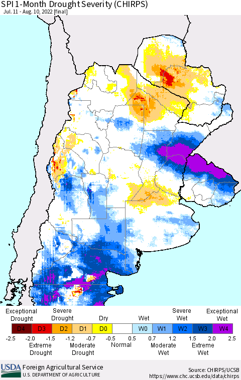 Southern South America SPI 1-Month Drought Severity (CHIRPS) Thematic Map For 7/11/2022 - 8/10/2022