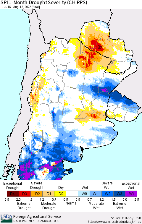 Southern South America SPI 1-Month Drought Severity (CHIRPS) Thematic Map For 7/16/2022 - 8/15/2022