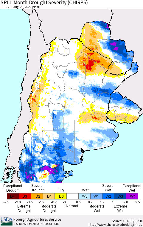 Southern South America SPI 1-Month Drought Severity (CHIRPS) Thematic Map For 7/21/2022 - 8/20/2022