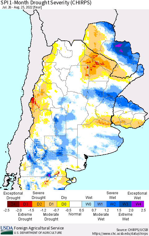 Southern South America SPI 1-Month Drought Severity (CHIRPS) Thematic Map For 7/26/2022 - 8/25/2022