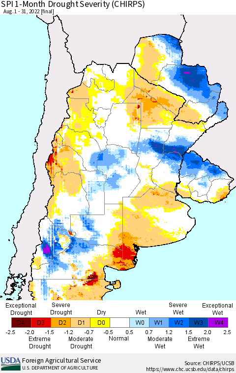 Southern South America SPI 1-Month Drought Severity (CHIRPS) Thematic Map For 8/1/2022 - 8/31/2022