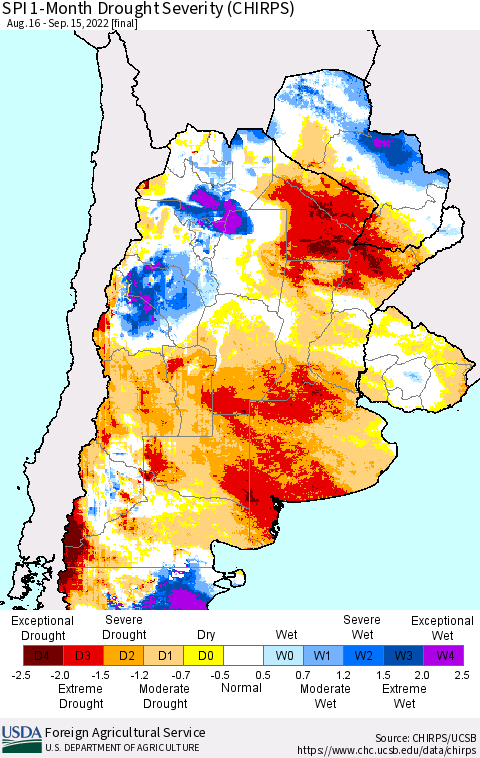 Southern South America SPI 1-Month Drought Severity (CHIRPS) Thematic Map For 8/16/2022 - 9/15/2022
