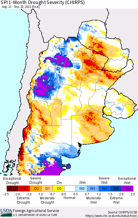 Southern South America SPI 1-Month Drought Severity (CHIRPS) Thematic Map For 8/21/2022 - 9/20/2022