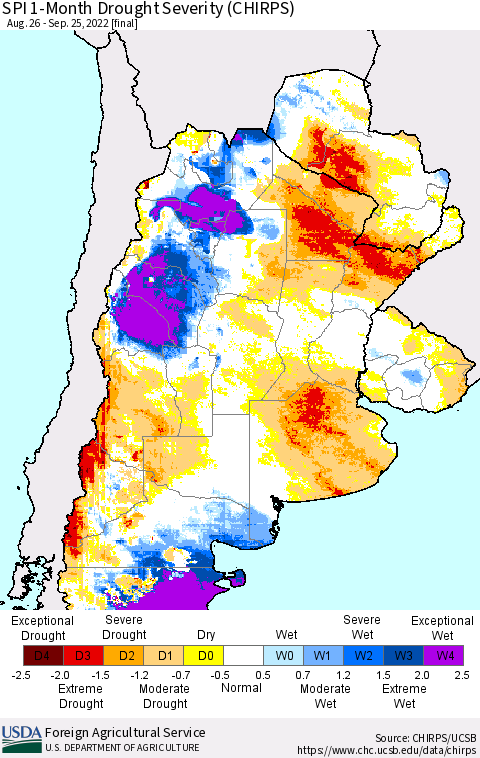Southern South America SPI 1-Month Drought Severity (CHIRPS) Thematic Map For 8/26/2022 - 9/25/2022