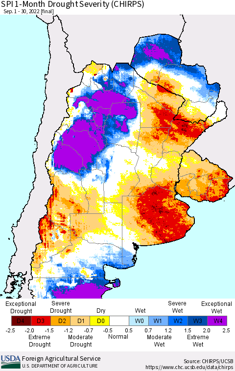 Southern South America SPI 1-Month Drought Severity (CHIRPS) Thematic Map For 9/1/2022 - 9/30/2022