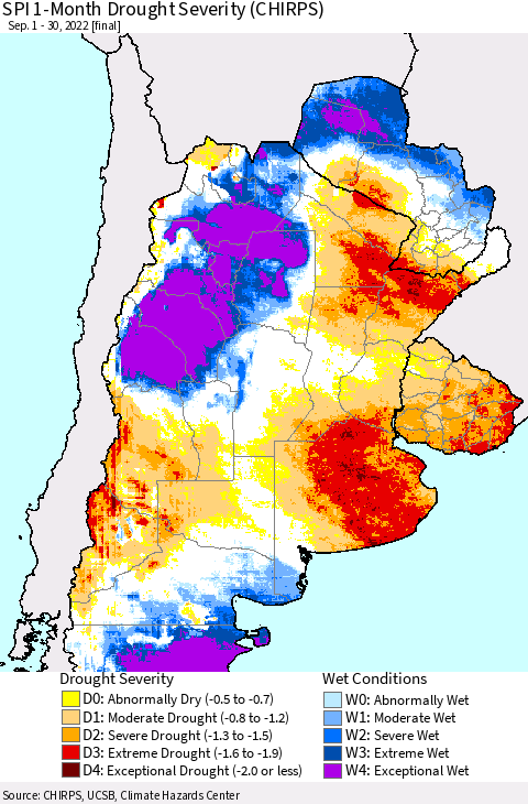 Southern South America SPI 1-Month Drought Severity (CHIRPS) Thematic Map For 9/1/2022 - 9/30/2022