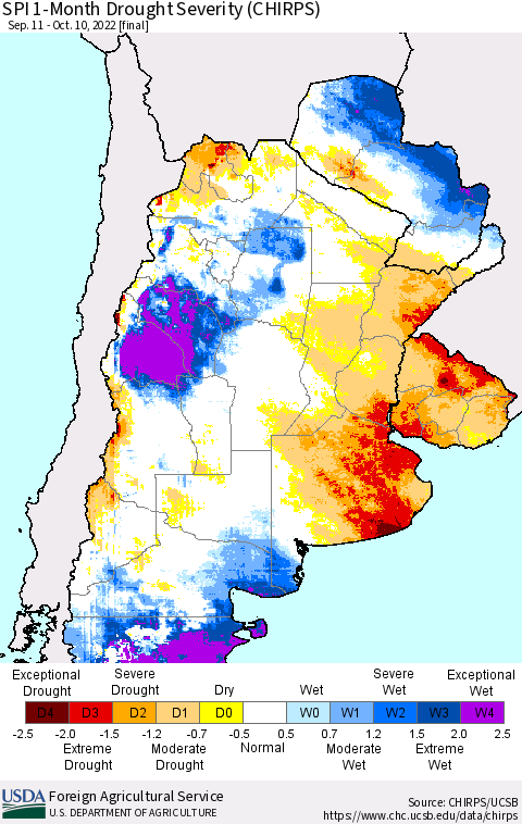 Southern South America SPI 1-Month Drought Severity (CHIRPS) Thematic Map For 9/11/2022 - 10/10/2022