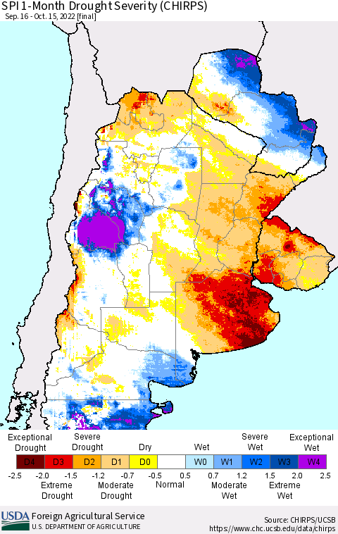 Southern South America SPI 1-Month Drought Severity (CHIRPS) Thematic Map For 9/16/2022 - 10/15/2022