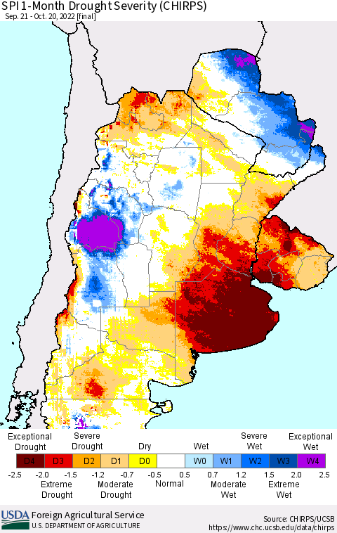 Southern South America SPI 1-Month Drought Severity (CHIRPS) Thematic Map For 9/21/2022 - 10/20/2022
