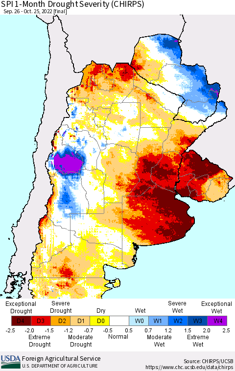 Southern South America SPI 1-Month Drought Severity (CHIRPS) Thematic Map For 9/26/2022 - 10/25/2022