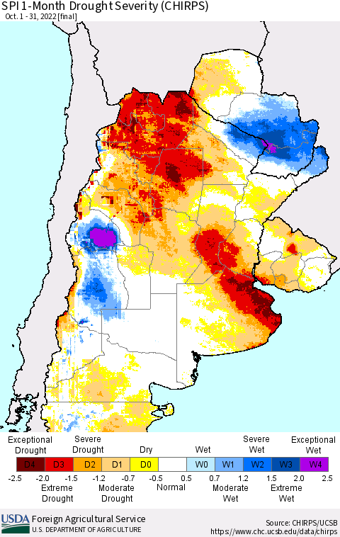 Southern South America SPI 1-Month Drought Severity (CHIRPS) Thematic Map For 10/1/2022 - 10/31/2022
