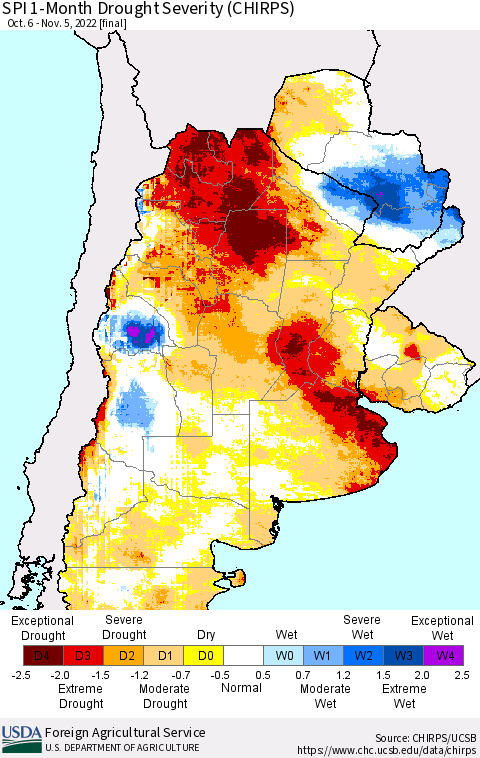 Southern South America SPI 1-Month Drought Severity (CHIRPS) Thematic Map For 10/6/2022 - 11/5/2022