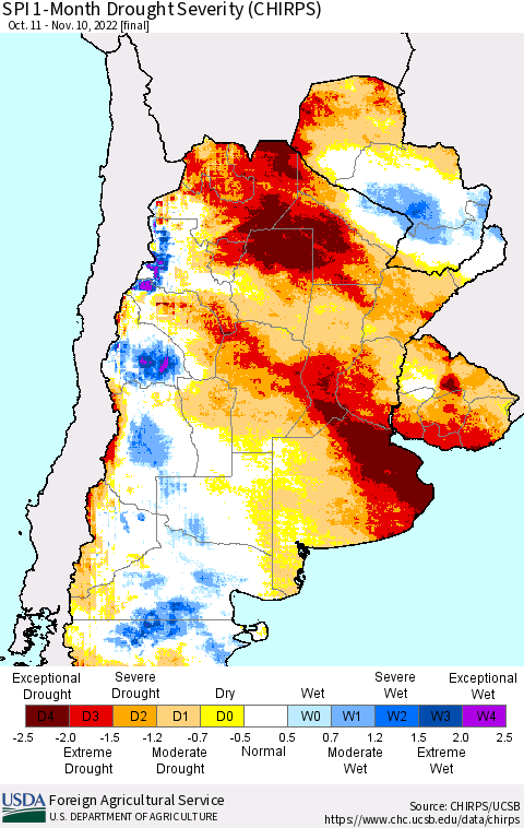 Southern South America SPI 1-Month Drought Severity (CHIRPS) Thematic Map For 10/11/2022 - 11/10/2022