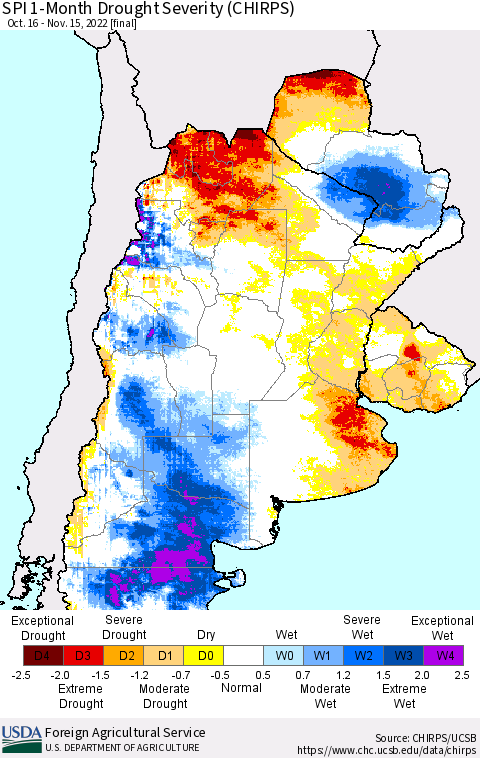 Southern South America SPI 1-Month Drought Severity (CHIRPS) Thematic Map For 10/16/2022 - 11/15/2022